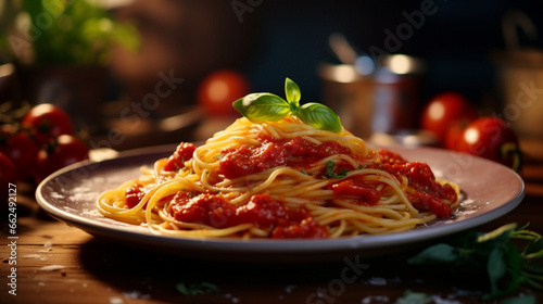 Fragrant Spaghetti tomato sauce on the table with kitchen background and morning sunrise. Created using generative AI.