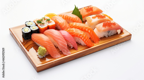 Front view fragrant Sushi and maki and sashimi set with plain white background and warm light for advertise and presentation. Created using generative AI.