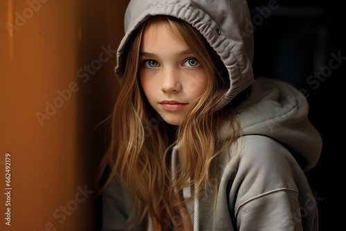 Portrait of a little girl in a gray hoodie. The girl looks at the camera.