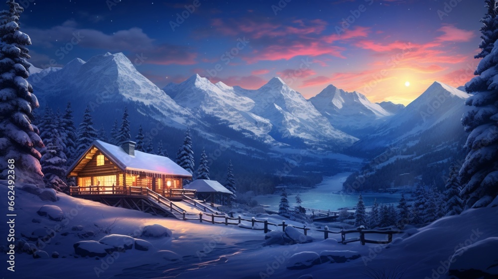 Hyper-realistic ski lodge nestled in a snowy mountain valley, with skiers and snowboarders descending slopes illuminated by the soft glow of strategically placed alpine lights, Hyper-realistic ski lodge nestled in a snowy mountain valley, with skiers and snowboarders descending slopes illuminated by the soft glow of strategically placed alpine lights,