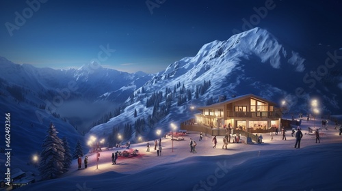 Hyper-realistic ski lodge nestled in a snowy mountain valley, with skiers and snowboarders descending slopes illuminated by the soft glow of strategically placed alpine lights,