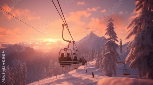 Hyper-realistic ski resort chairlift ascending against a backdrop of a fiery winter sunset, casting a warm glow on the snow-covered landscape and the excited faces of skiers in transit. photo