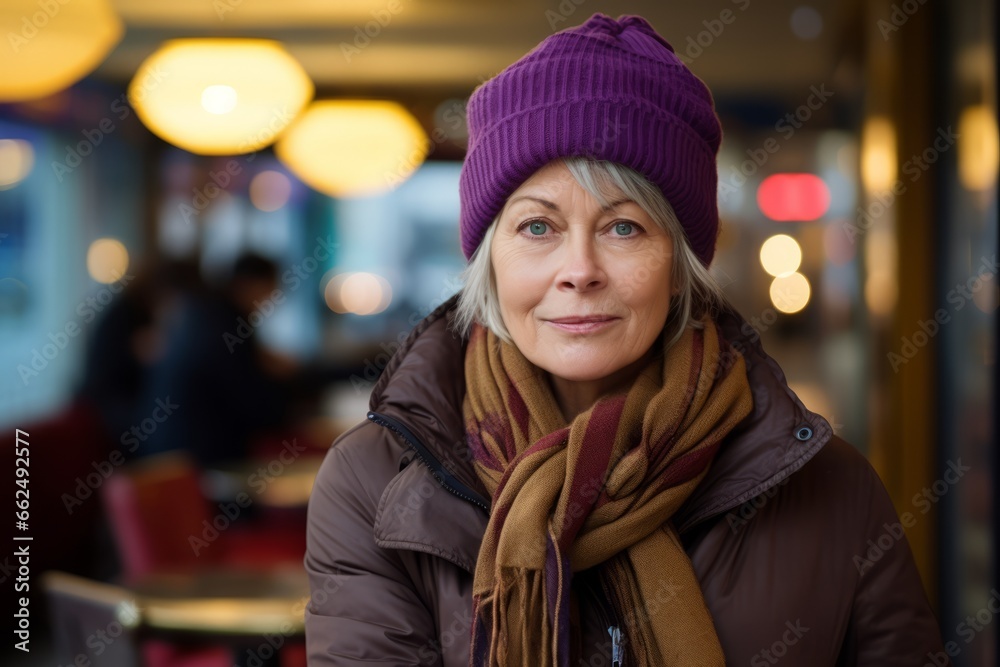 Portrait of mature woman in hat and scarf at cafe. Selective focus Portrait of mature woman in hat and scarf at cafe. Selective focus