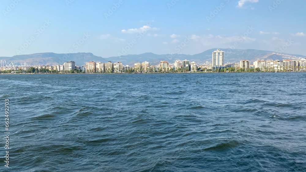 Panoramic view of Izmir Gulf and Izmir Harbor from Bostanli coast.