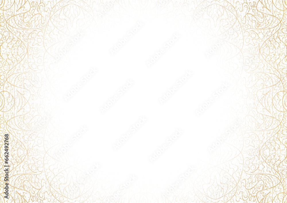 Vignette of golden hand-drawn pattern with splatters of golden glitter isolated on transparent background. Copy space. Digital artwork, A4. (pattern: p02-2b) Vignette of golden hand-drawn pattern with splatters of golden glitter isolated on transparent background. Copy space. Digital artwork, A4. (pattern: p02-2b)