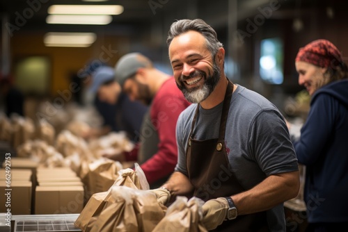 A joyful image of a group of friends volunteering at a local food bank, packing boxes of Thanksgiving meals for families in need, illustrating the spirit of giving and community involvement during the