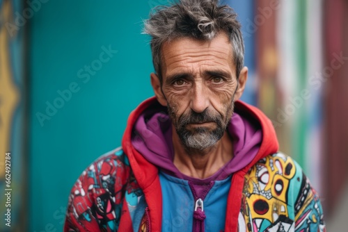 Portrait of an old man with gray hair in a colorful jacket