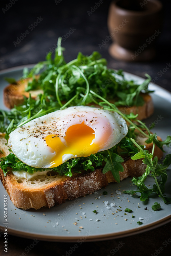 Eggs on toast, sourdough bread, garnished with greens, breakfast photo. food photography Eggs on toast, sourdough bread, garnished with greens, breakfast photo. food photography