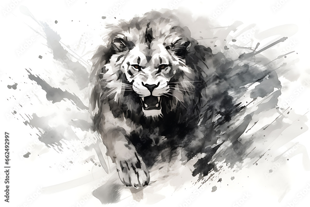 lion illustration in Chinese brush stroke calligraphy in black and grey drawing inking - obrazy, fototapety, plakaty 