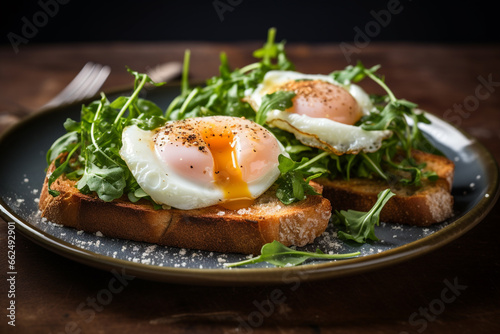 Eggs on toast, sourdough bread, garnished with greens, breakfast photo. food photography