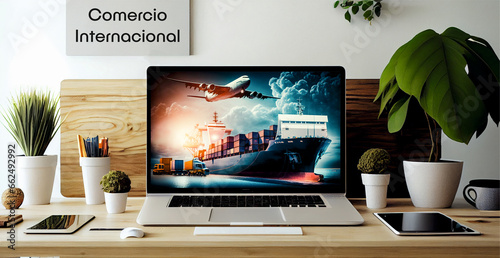 Laptop mostrando icono de comercio internacional en un despacho de una empresa de Servicios de Importación y Exportación