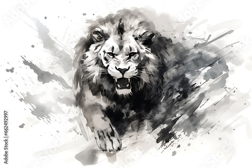 lion illustration in Chinese brush stroke calligraphy in black and grey drawing inking