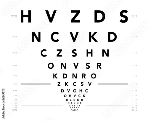 LogMAR chart Eye Test Chart medical illustration. Line vector sketch style outline isolated on white background. Vision board optometrist ophthalmic for visual examination Checking optical glasses