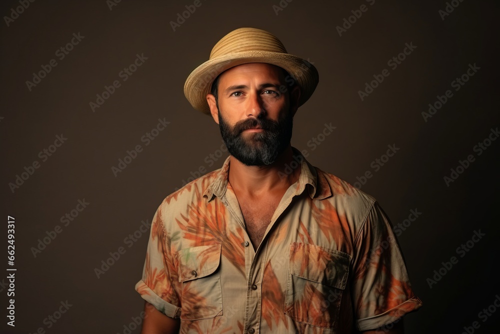 Portrait of a handsome bearded man wearing a straw hat on a dark background Portrait of a handsome bearded man wearing a straw hat on a dark background