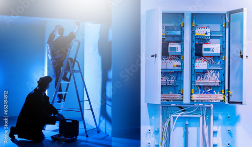 Men electrician near stepla...