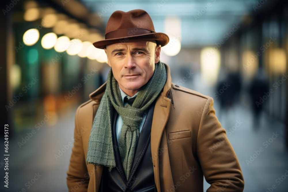 Portrait of a senior man wearing a hat and scarf in the city. Portrait of a senior man wearing a hat and scarf in the city.