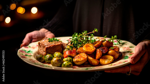 Woman Holding a Plate with a Mouthwatering Dish Featuring Beef Steak, Sautéed Vegetables, and Golden Potatoes