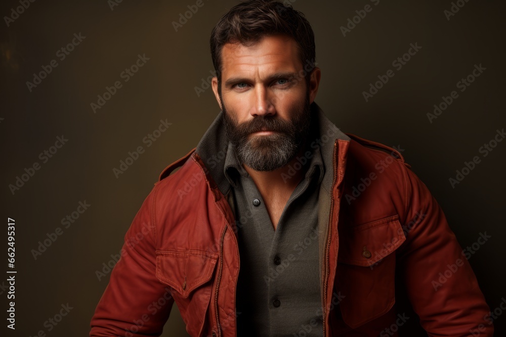 Handsome bearded man in a red jacket on a dark background.