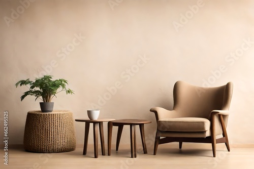 Fabric lounge chair and wood stump side table against beige stucco wall with copy space. Rustic minimalist home interior design 
