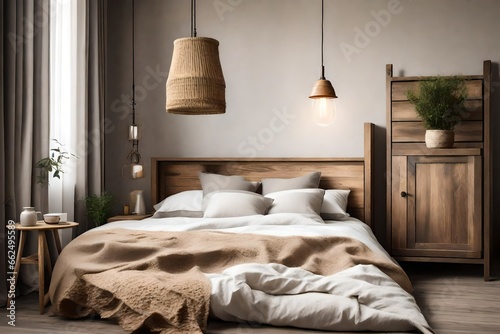 Rustic bedside cabinet near bed with beige pillows. Farmhouse interior design 