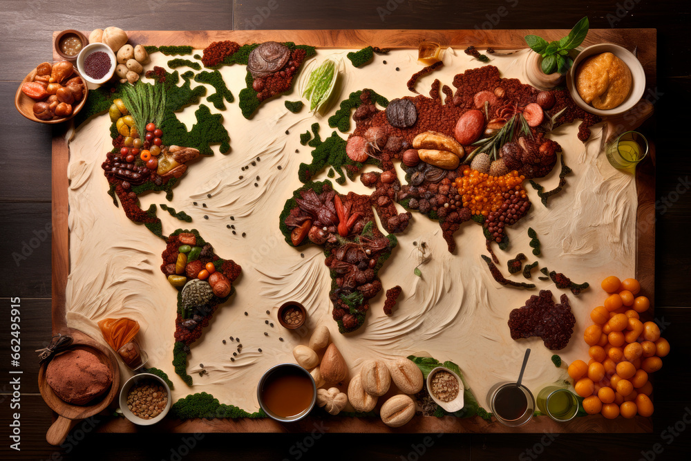 World Map Food. Exploring Global Gastronomy: A Culinary Odyssey Through the World's Flavors, foods and Traditions