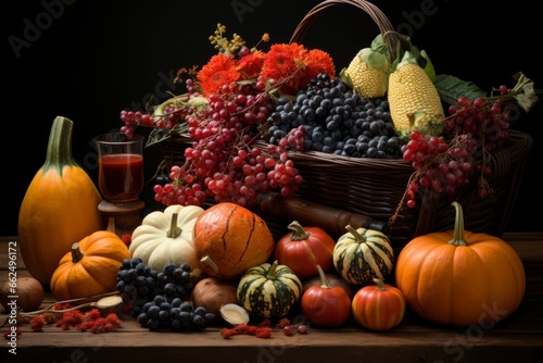 An artistic representation of a Thanksgiving cornucopia overflowing with seasonal fruits, vegetables, and gourds, showcasing the abundance and harvest spirit of the holiday