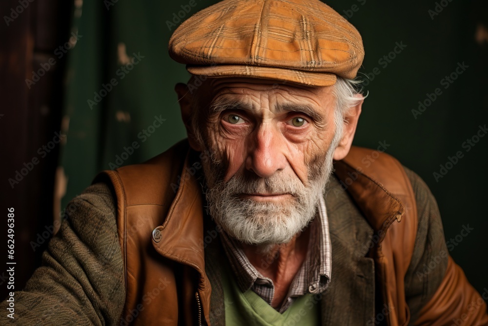 Portrait of an old man with a gray beard and a cap.