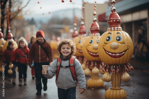 An enchanting image of a Thanksgiving Day parade in a small town, with colorful floats, marching bands, and children waving from the crowd, capturing the charming and community-focused celebrations of