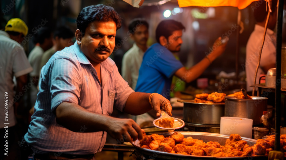 Spicy Indian Fried Chicken: A Flavorful Treat from the Energetic Street Food Market in Mumbai.
