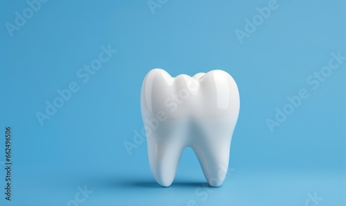 Banner with healthy tooth. Dental model of premolar tooth isolated on blue background. Whitening tooth and dental health. Concept of dental examination teeth and hygiene