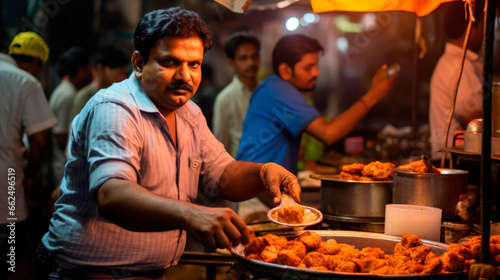 Spicy Indian Fried Chicken: A Flavorful Treat from the Energetic Street Food Market in Mumbai. 