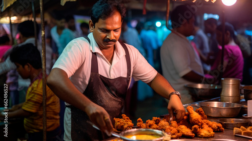Spicy Indian Fried Chicken  A Flavorful Treat from the Energetic Street Food Market in Mumbai. 