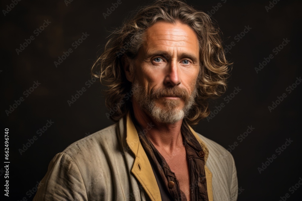 Portrait of a handsome middle-aged man with long hair and beard. Studio shot.