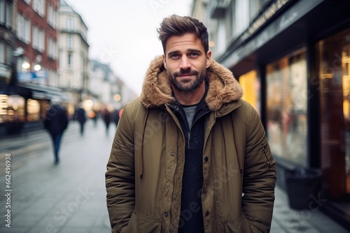 Handsome young man with beard and mustache in a fashionable winter coat in the city