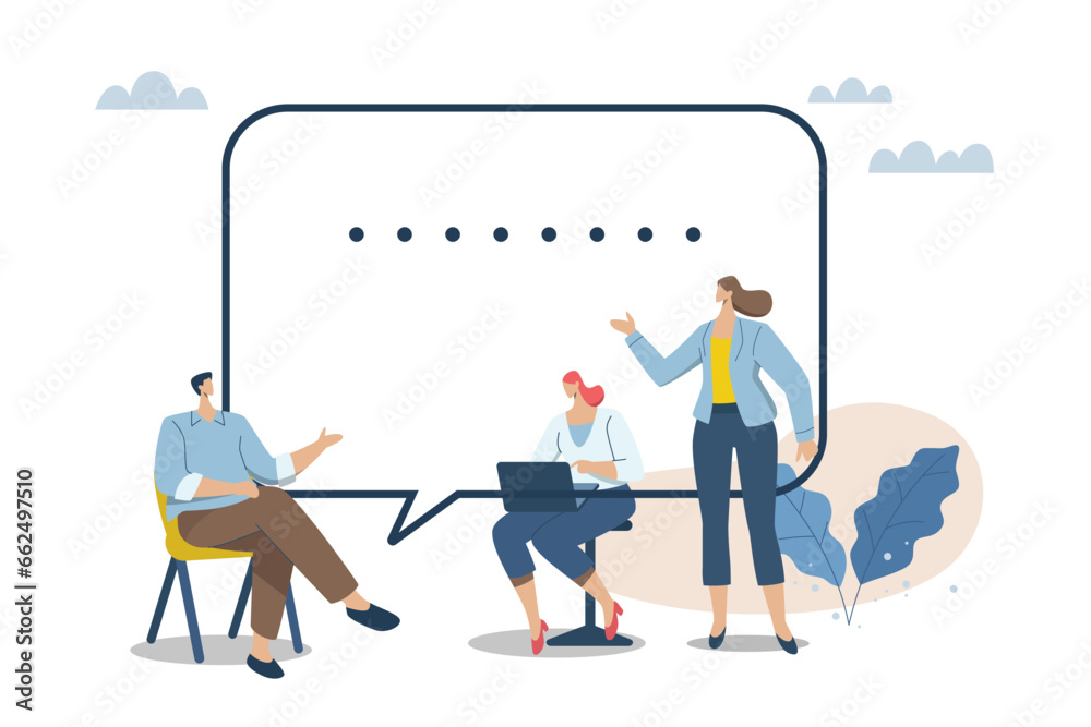 Organizational communication between co-workers, Managers and teams. Productive conversation or discussion in the workplace, Communication concepts, Having fun discussions at work. Vector illustration - obrazy, fototapety, plakaty 