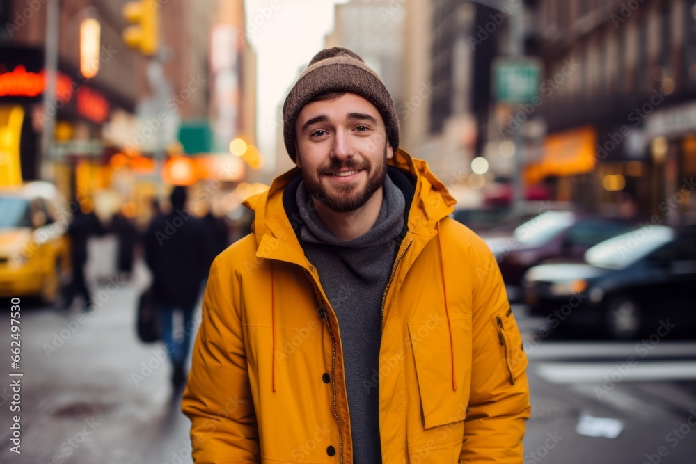 Portrait of a handsome young man in a yellow jacket in New York City