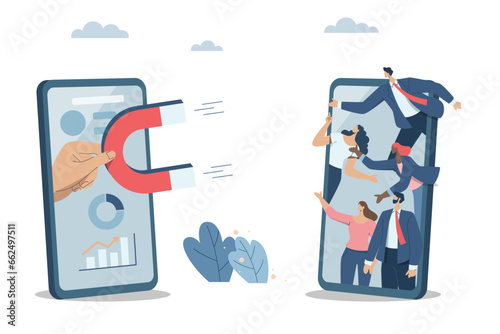Marketing materials find new customers and campaigns that attract new customers. Important marketing and advertising concepts on social media. Big hand holding a magnet from a smartphone.