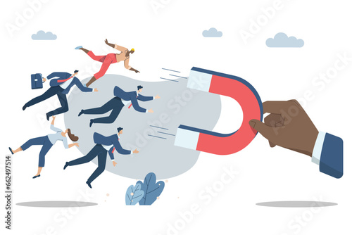 Attracting personnel or talented employees or leadership, Finding group of people with diverse specialties, Big hands use magnets to attract new employees. Vector design illustration.