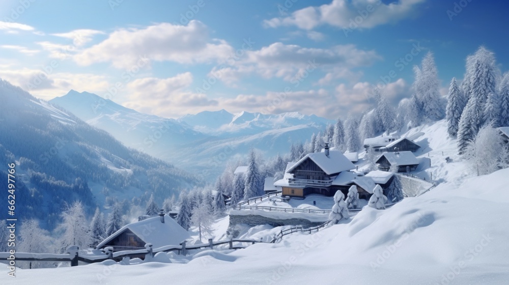 Tranquil snowy rooftops of a mountain village, with ski tracks winding through the snow, creating a picturesque winter panorama.