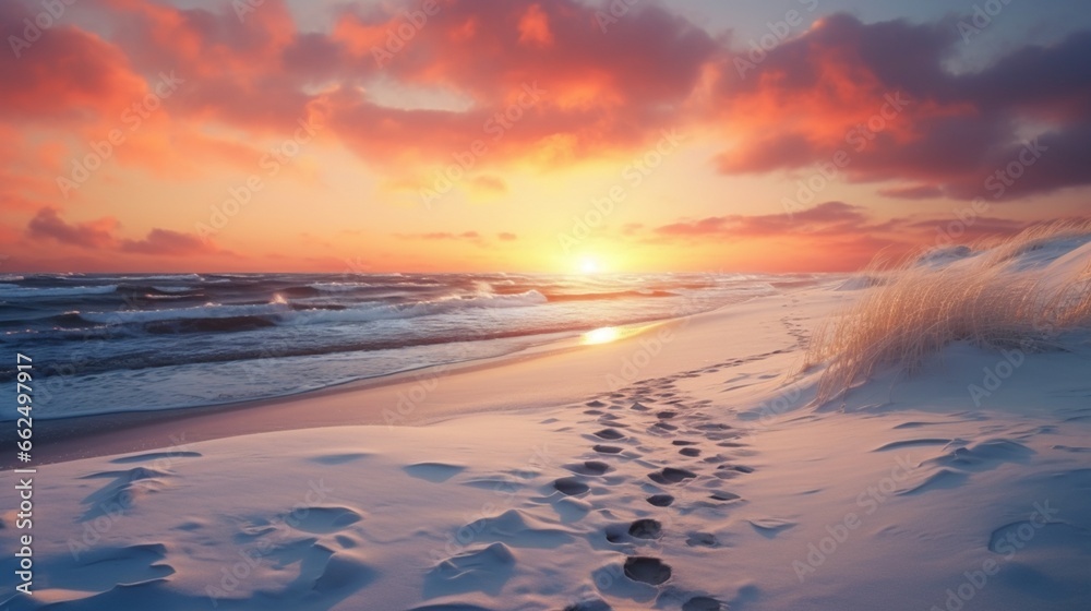 Tranquil winter beach at sunset, with the snow-covered sands glowing in the warm colors of the descending sun, and waves gently crashing against the shore. Tranquil winter beach at sunset, with the snow-covered sands glowing in the warm colors of the descending sun, and waves gently crashing against the shore.