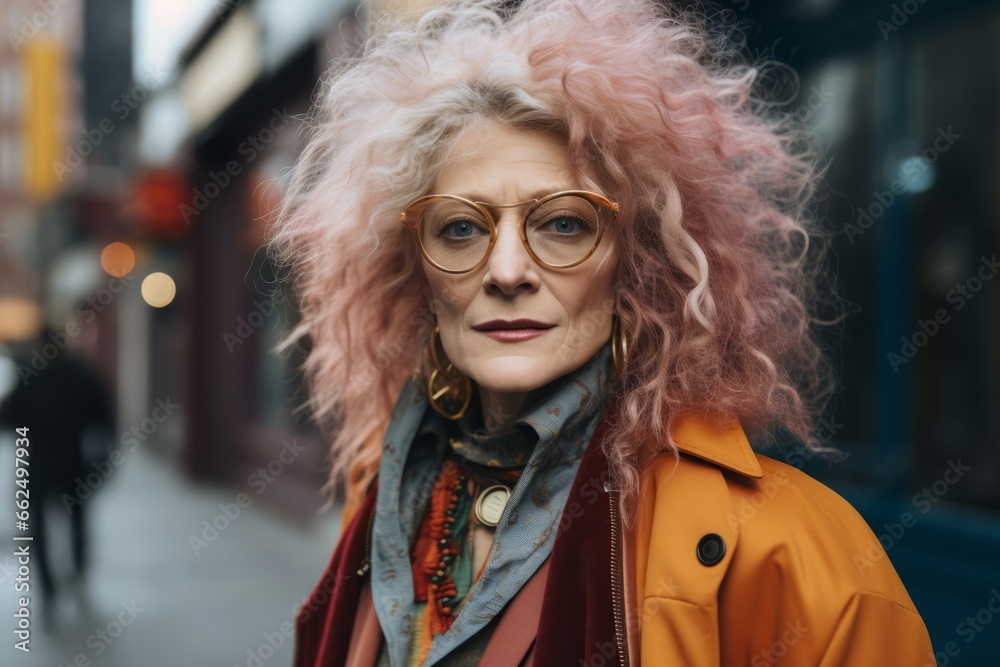 Portrait of a beautiful middle-aged woman with pink hair and glasses on a city street. Portrait of a beautiful middle-aged woman with pink hair and glasses on a city street.