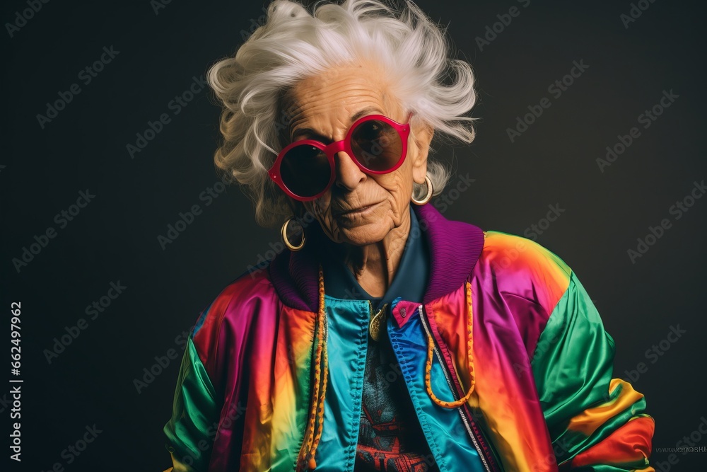 Portrait of a beautiful senior woman with sunglasses on a dark background. Portrait of a beautiful senior woman with sunglasses on a dark background.