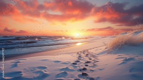 Tranquil winter beach at sunset, with the snow-covered sands glowing in the warm colors of the descending sun, and waves gently crashing against the shore.
