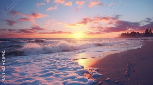 Tranquil winter beach at sunset, with the snow-covered sands glowing in the warm colors of the descending sun, and waves gently crashing against the shore.