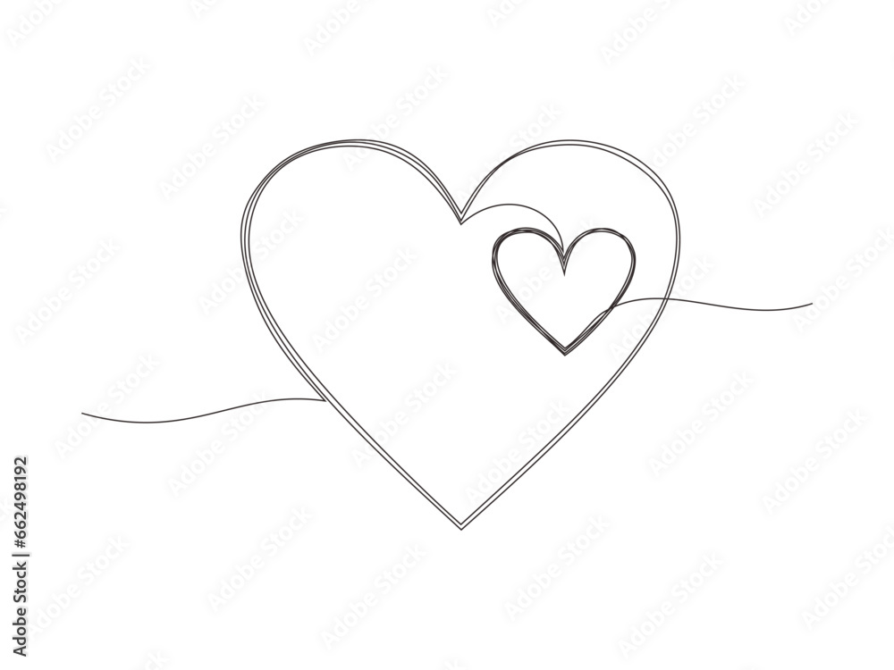 One line drawing of two hearts. Big heart and small heart connected. Artistic hand drawing of two love symbol. Heart sketching on white background.