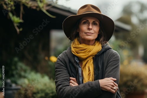 Portrait of middle aged woman in hat and scarf standing with arms crossed outdoors. © Iigo
