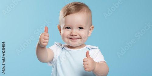 Adorable baby toddler showing thumb up. Pale blue background with copy space
