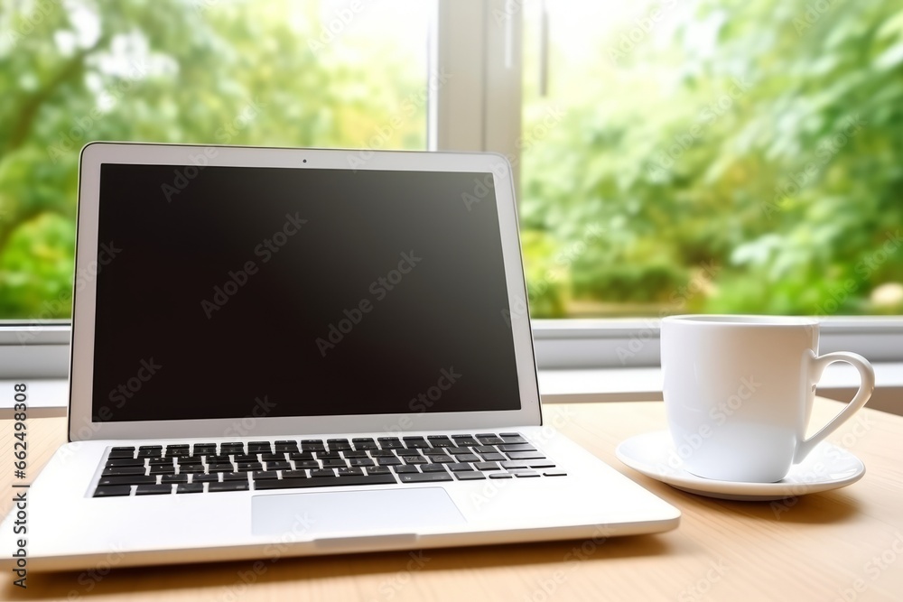 A laptop with a blank empty screen on a table or desk in an office with a lot of plants. Generative AI. A laptop with a blank empty screen on a table or desk in an office with a lot of plants. Generative AI.
