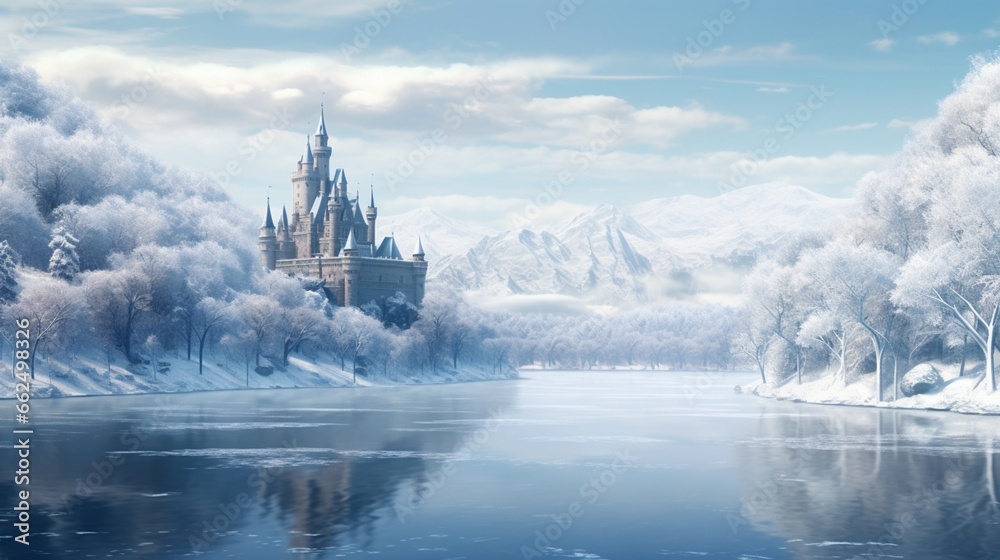 Tranquil winter castle lake, with the castle's reflection shimmering on the icy surface, and snow-covered trees creating a fairy-tale-like winter scene.