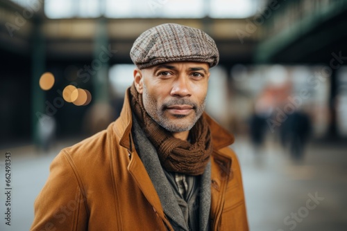 Portrait of a handsome middle-aged man wearing a hat and scarf. © Iigo